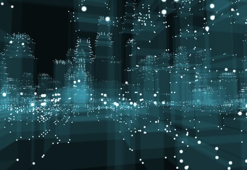 Abstract 3d city with dots and blue buildings. Technology and connection concept. 3d illustration on black background