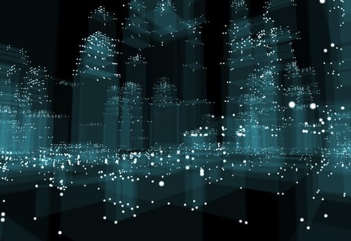 Abstract 3d city with dots and blue buildings. Technology and connection concept. 3d illustration on black background