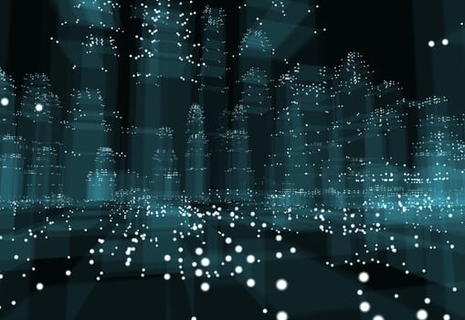 Abstract 3d city with dots and blue buildings. Technology and connection concept. 3d illustration on black background