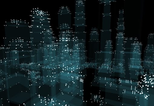 Abstract 3d city with dots and blue buildings. Technology and connection concept. 3d illustration on black background