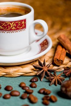 close-up still life on table Turkish delicious coffee with spices of cinnamon and anise