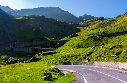 Transfagarasan road up hill to the mountain top. beautiful transportation scenery in mountains of Romania. location southern Carpathians
