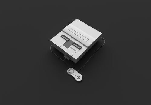 3D RENDERING OF HOME VIDEO GAME CONSOLE ON PLAIN BACKGROUND