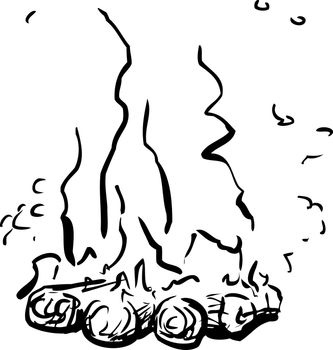 Single burning hot campfire doodle outline over white background
