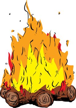 Tall flames on bonfire or campfire over white background