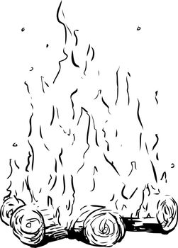 Outline sketch of tall flames on bonfire or campfire over white background