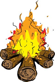 Logs as part of burning hot campfire over white background