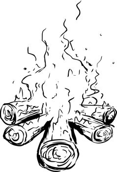 Outline sketch of logs as part of burning hot campfire over white background