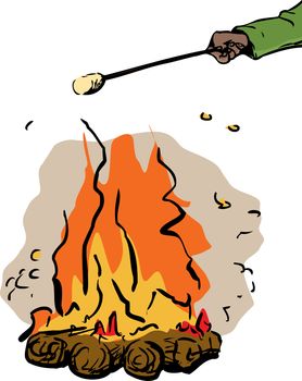 Illustration of hand holding marshmallow stick over single burning hot campfire