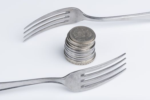 Conceptual representation of financial greed by two forks and coins
