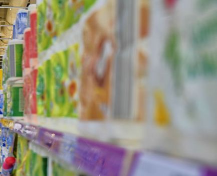 Blurred chemist section at retail store in Europe.  Drug store in local supermarket, defocused background.