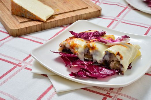 Italian cuisine. Cannelloni with radicchio and Taleggio cheese fondue