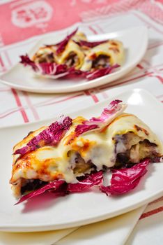 Italian cuisine. Cannelloni with radicchio and Taleggio cheese fondue