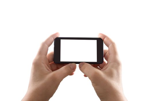 hand of man is holding mobile smartphone with touch screen empty. Subject isolated on a white background