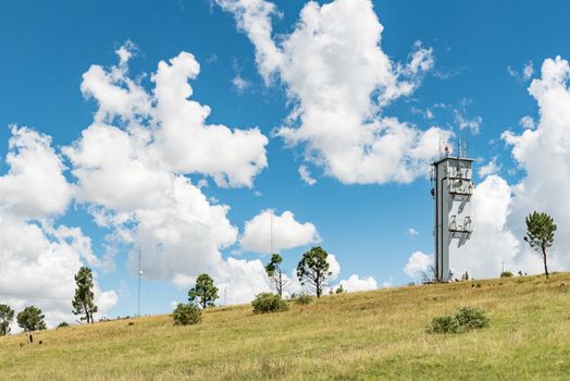 A microwave and other telecommunications towers on a mountain overlooking Ficksburg in the Free State Province
