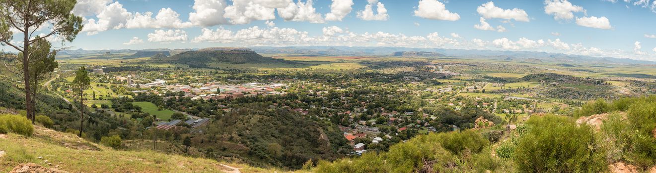 An aerial panorama of Ficksburg in the Free State Province of South Africa with Maputsoe in Lesotho accross the river one third from the top