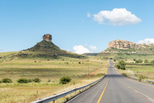 Typical sandstone hill landscape along the R711-road between Fouriesburg and Clarens in the Free State Province of South Africa