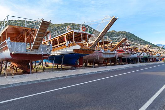 Vintage boats waiting fo reparation near Demre, Turkey