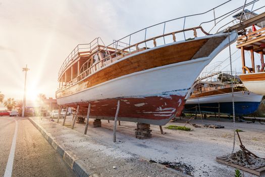 Vintage boats waiting fo reparation near Demre, Turkey