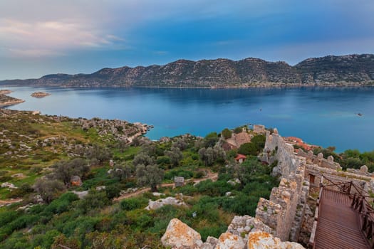 Sunrise over small lagoon near fishers village Simena, near Kekova on Mediterranean Sea in Turkey