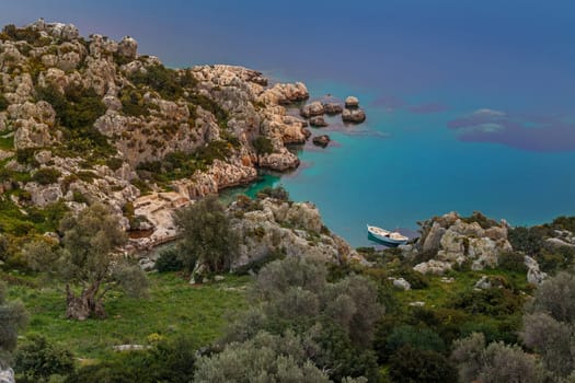 Sunrise over small lagoon near fishers village Simena, near Kekova on Mediterranean Sea in Turkey