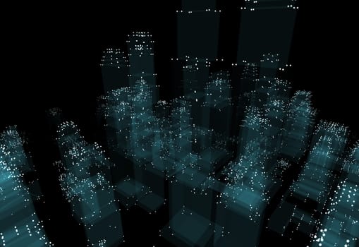 Abstract 3d city with dots and blue buildings. Technology and connection concept. 3d illustration on black background