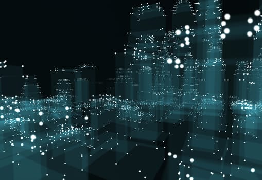 Abstract 3d city with dots and blue buildings. Technology and connection concept. 3d illustration on black background