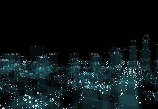 Abstract 3d city with dots and blue buildings. Technology and connection concept. 3d illustration on black background