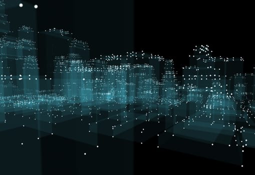 Abstract 3d city with dots and blue buildings. Technology and connection concept. 3d illustration on black background