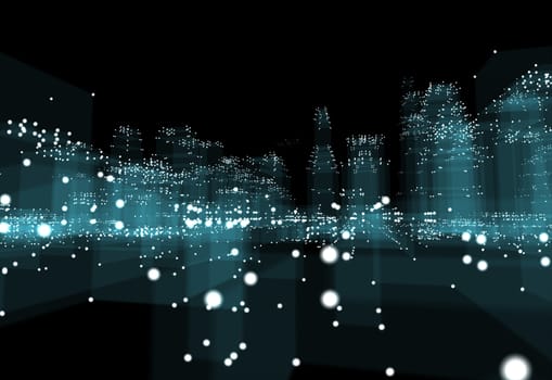 Abstract 3d city with dots and blue buildings. Technology and connection concept. 3d illustration on black background