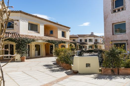 typical italian architecture in the centre of Porto Cervo on the italian island of sardinia, the place where in the summer the rich and famous travel for their exclusive vacation,