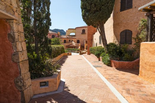 typical italian architecture in the centre of Porto Cervo on the italian island of sardinia, the place where in the summer the rich and famous travel for their exclusive vacation