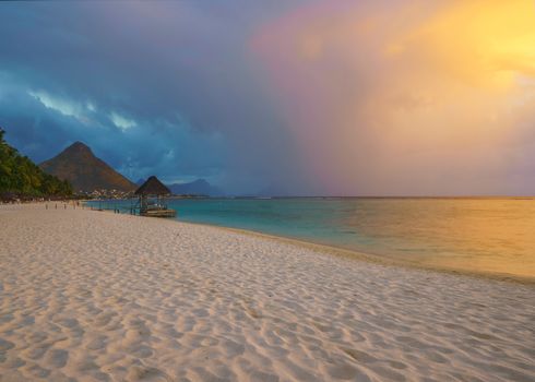 wonderful view of Flic and flac beach at sunset in Mauritius island.