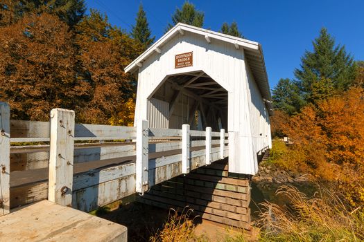 Hoffman Covered Bridge over Crabtree Creek in Linn County Oregon in Fall Season
