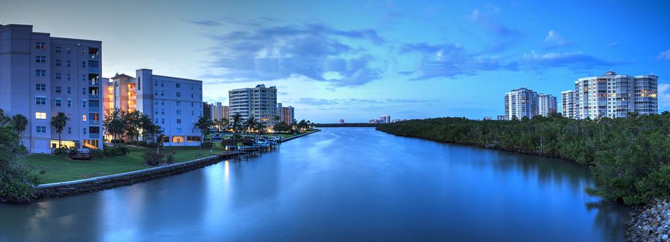 Night sky and clouds over the Vanderbilt Channel river near Delnor-Wiggins Pass State Park and Wiggins Pass in Naples, Florida