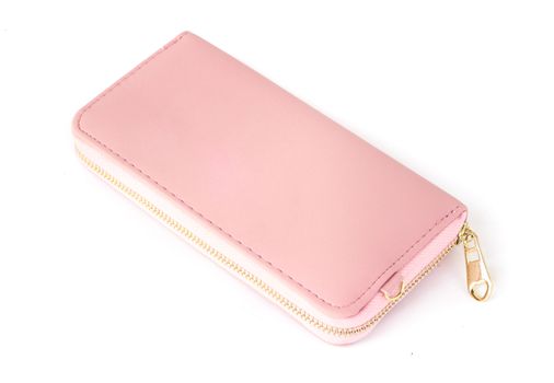 Closeup modern pink woman wallet on white background