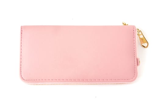 Closeup modern pink woman wallet on white background