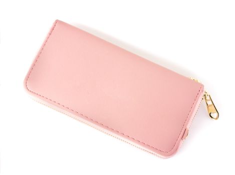 Closeup modern pink woman wallet on white background