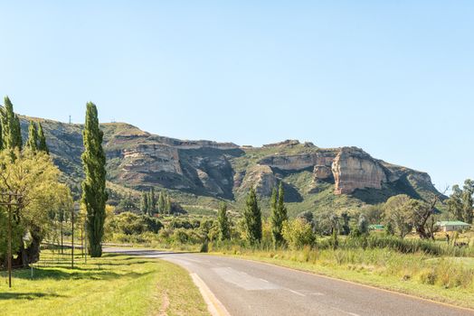 The landscape to the North of Clarens in the Free State Province of South Africa. The Titanic Rock is to the right