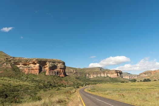 The road and landscape between Clarens and Golden Gate in the Free State Province of South Africa