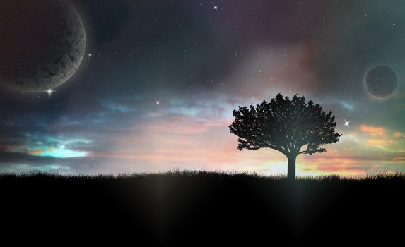 Raster Illustration of Lonely Tree Silhouette in The Night With Vivid Sky and Abstract Planets in The Background