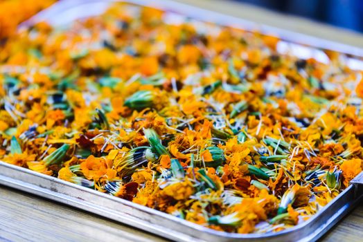 Marigolds in a tray during Tihar festival in Kathmandu, Nepal