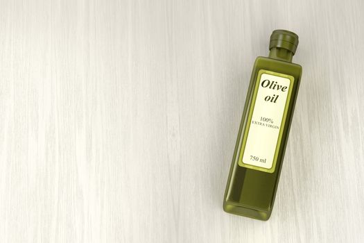 Extra virgin olive oil bottle on wooden table, top view 