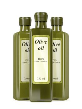Three olive oil bottles on white background