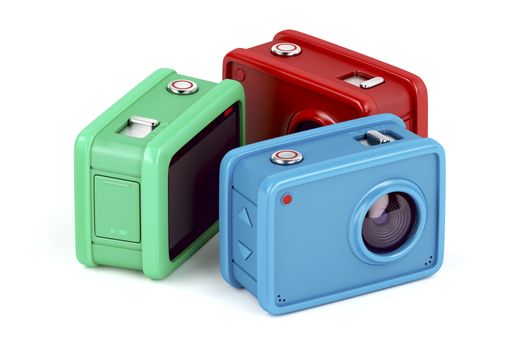 Three action cameras with different colors on white background