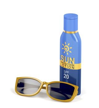 Sunscreen lotion with SPF 20 and female sunglasses on white background
