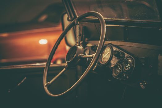 Aged Classic Car Interior. Vintage Vehicle Restoration Theme. History of American Transportation