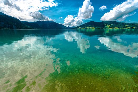 Scenic Austrian Lake Landscape During Summer Sunny Day. Austria, Europe.