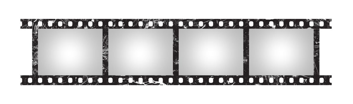 Close up six empty frames of classical 35 mm film strip with vignette isolated on white background