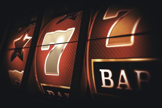 Vintage Slot Machine Game. Classic Slots Closeup 3D Rendered Illustration.